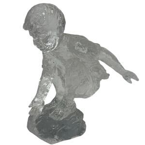 Vintage 90s Crystal Glass Crouching Boy Figurine Clear Art Statue 7"